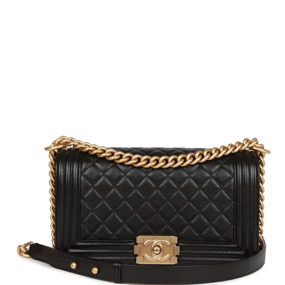 Chanel Medium Boy Bag Black Caviar Antique Gold_yyt