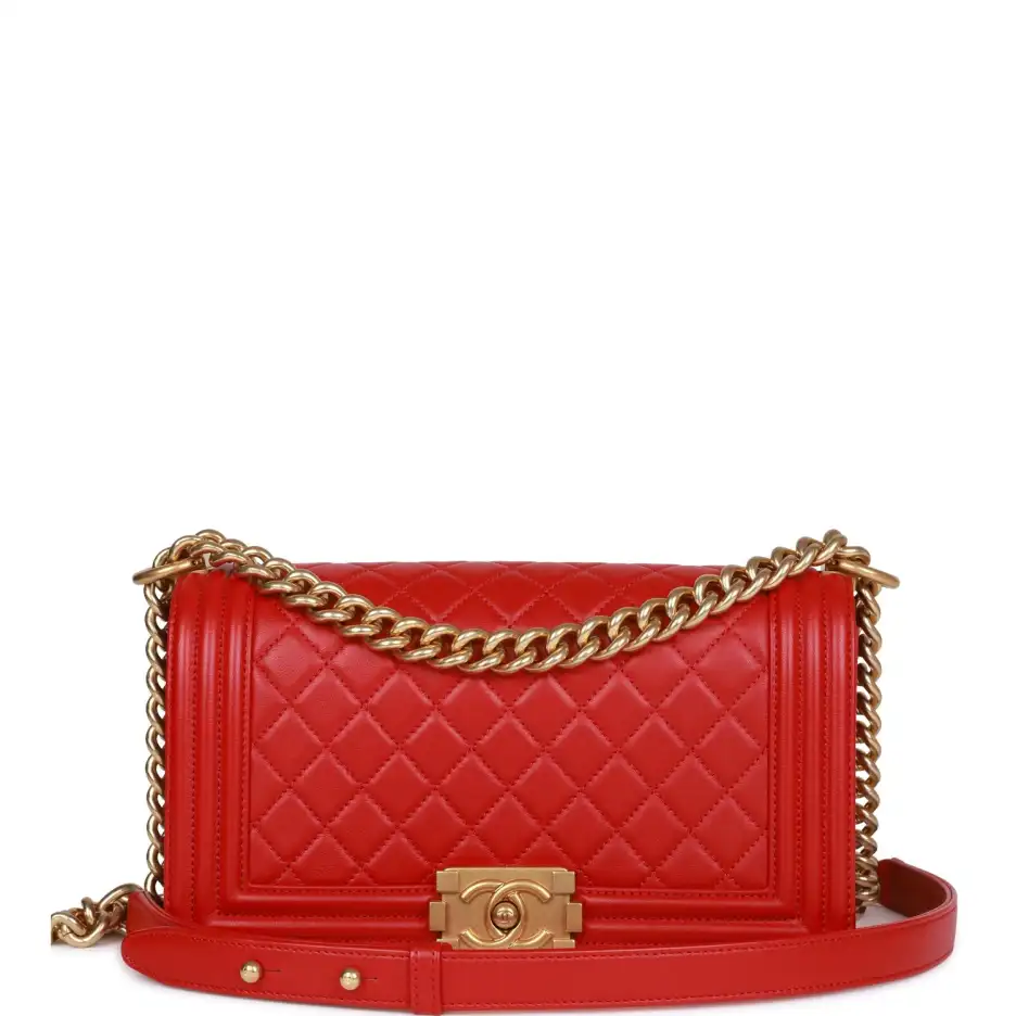 Chanel Medium Boy Bag Red Lambskin Antique Gold_yyt