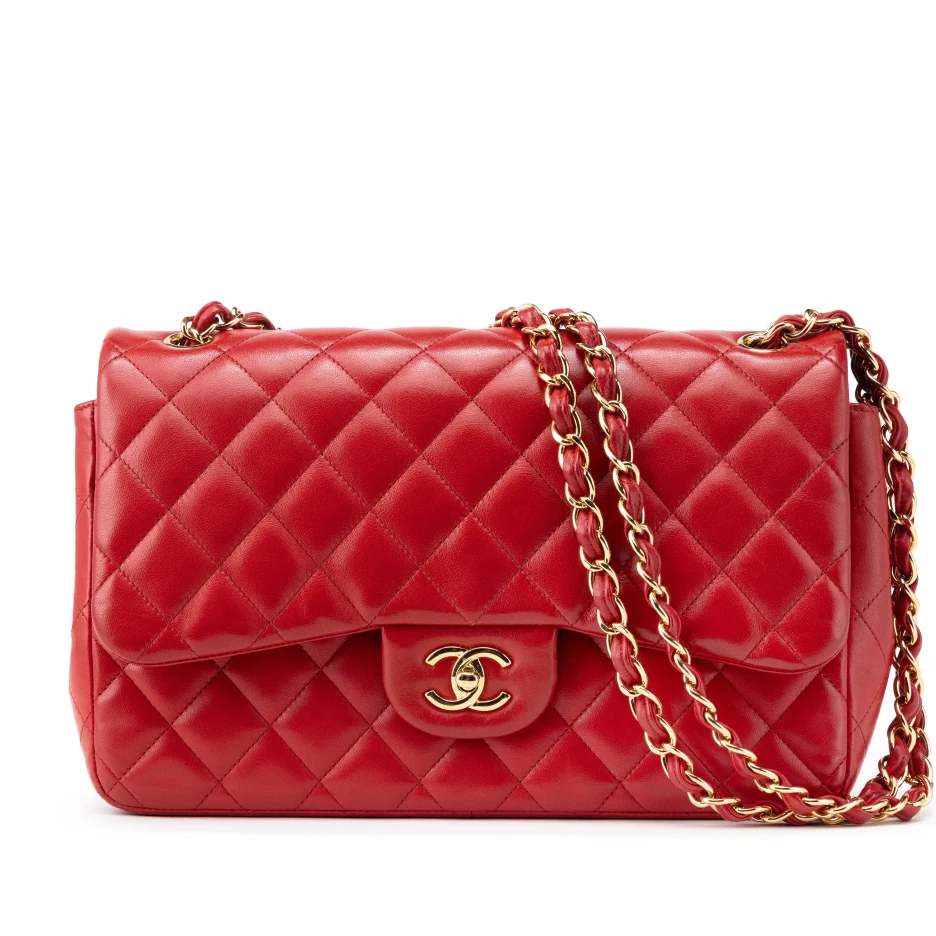 Chanel Red Quilted Lambskin Jumbo Classic Double Fl