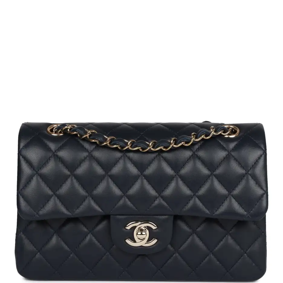 Chanel Small Classic Double Flap Navy Lambskin Ligh