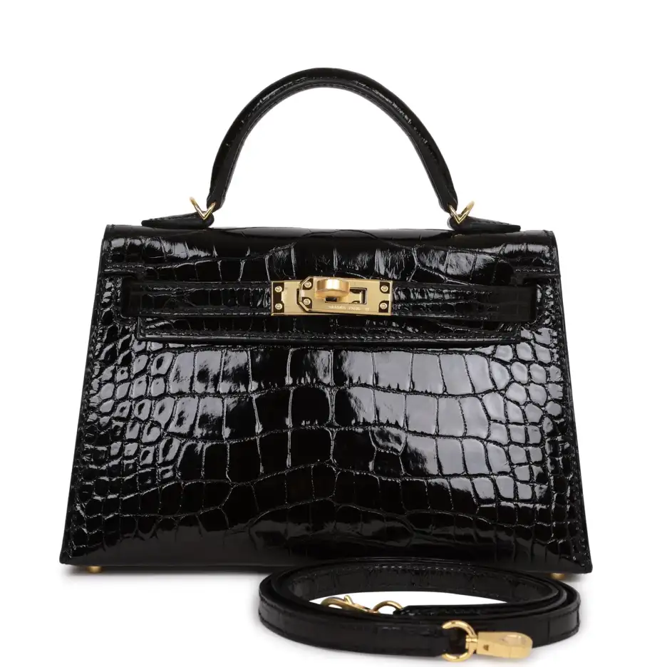 Hermès Kelly Sellier 20 Black Shiny Alligator Gold_