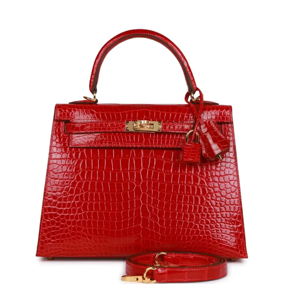 Hermès Kelly Sellier 25 Braise Shiny Porosus Crocod