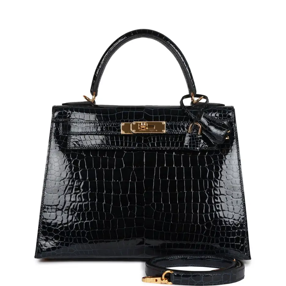 Hermès Kelly Sellier 28 Bleu Baltique Shiny Porosus